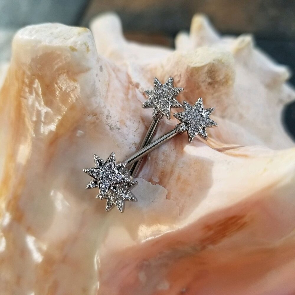 Pair Nipple bars star ends with clear CZ gems externally threaded 14G steel NEW